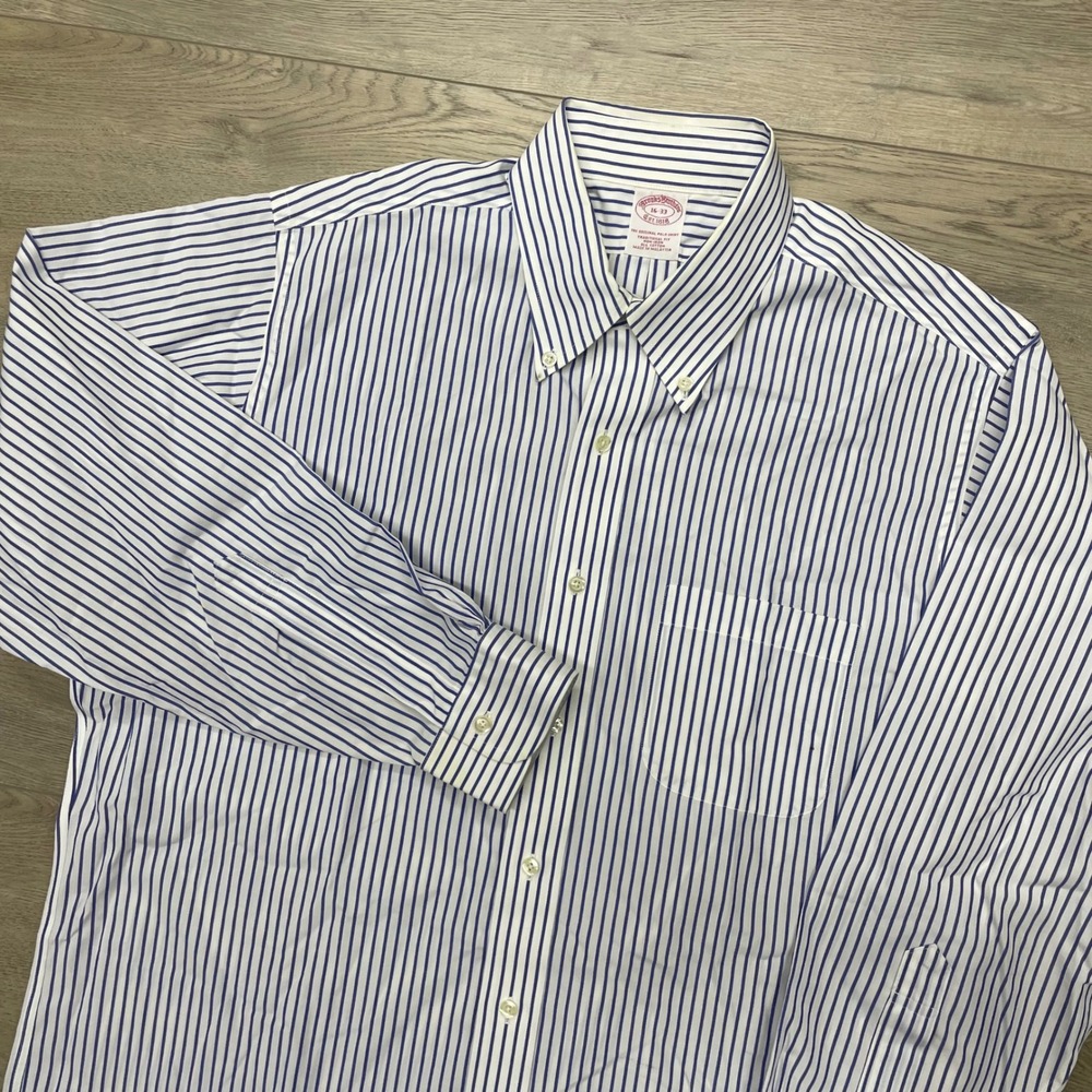 Brooks Brothers Button Down Shirt Men 16-33 White Blue Striped Traditional READ